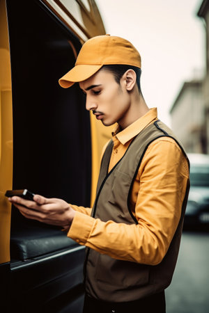 shot of a young delivery man using his smartphone while making a deliveryの素材