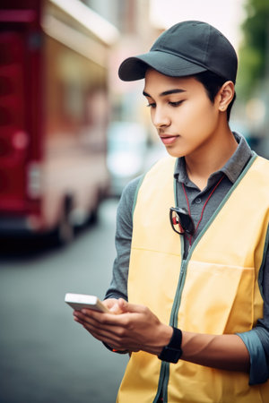 shot of a young delivery man using his smartphone while making a deliveryの素材