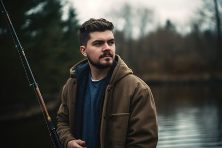 shot of a young man standing outside with his fishing rodの素材