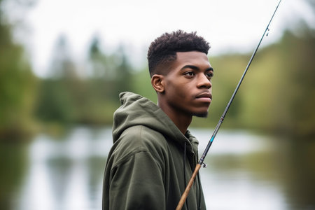 shot of a young man standing outside with his fishing rodの素材