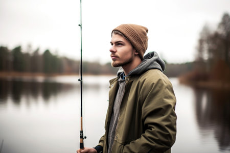 shot of a young man standing outside with his fishing rodの素材