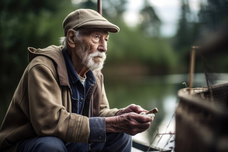 shot of an elderly man looking at his fishing catchの素材