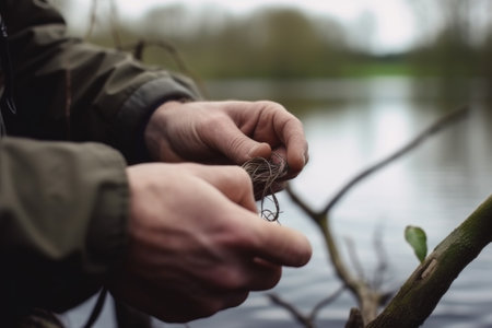 closeup shot of an unrecognizable person tying their fishing line to a tree near a lakeの素材
