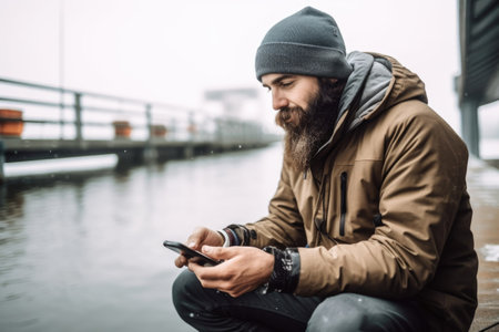 shot of a fisherman using his smartphone while fishing at the pierの素材