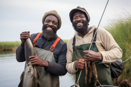 shot of a two fishermen smiling while standing together and holding fishing equipment beside a lakeの素材