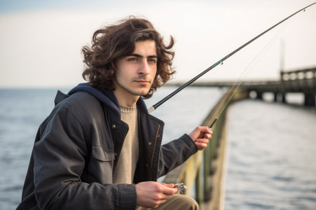 a young man fishing on the pier with his cane in handの素材