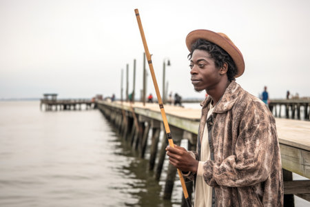 a young man fishing on the pier with his cane in handの素材