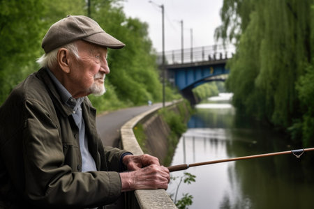 an elderly man fishing at a bridge along a river and looking into the distanceの素材