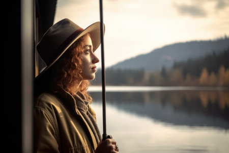 shot of a woman looking out over lake with rod in handの素材