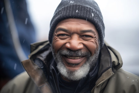 portrait of an african american fisherman smiling at the cameraの素材
