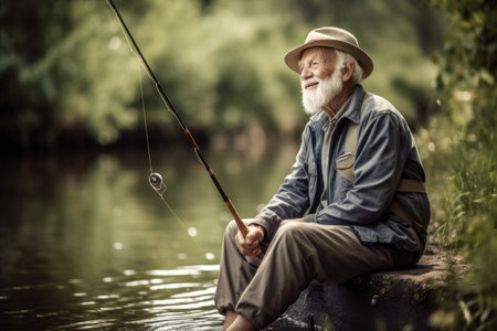 shot of an elderly man enjoying a day fishingの素材