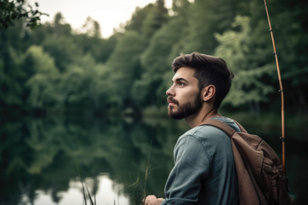 shot of a young man fishing at a lake on the roadsideの素材