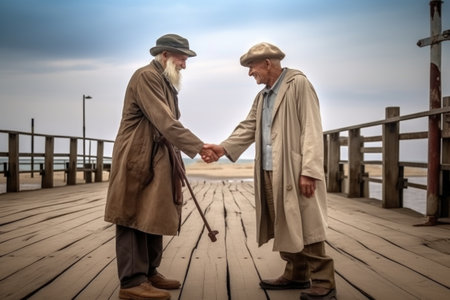 full length shot of two fishermen shaking hands on the pier at the beachの素材