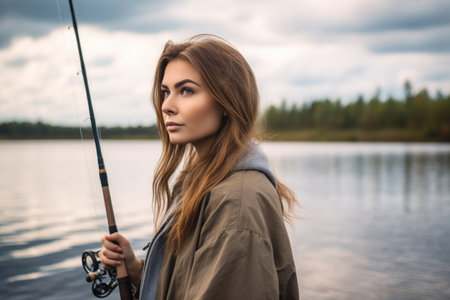 a beautiful young woman standing with a fishing rod by the waterの素材
