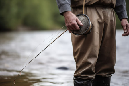closeup shot of an unrecognizable man standing at the edge of a river holding fishing equipmentの素材