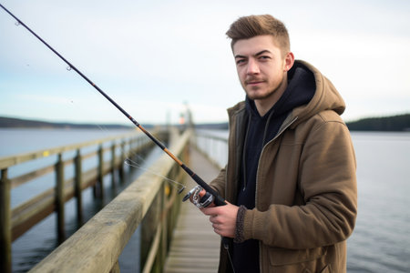 an attractive young man standing with his fishing rod on a pierの素材