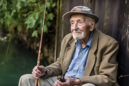 portrait of an elderly man sitting outside with a fishing poleの素材