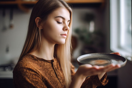 shot of a young woman holding a plate and the smell coming from itの素材