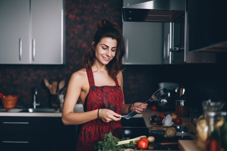 portrait of an attractive woman cooking in her kitchenの素材