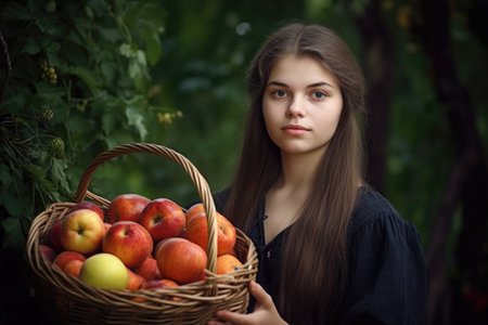portrait of a young woman holding up a basket full of fruitsの素材