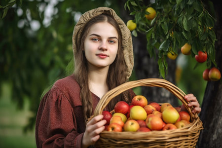 portrait of a young woman holding up a basket full of fruitsの素材