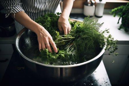 cropped shot of an unrecognizable woman washing herbs in the kitchen sinkの素材