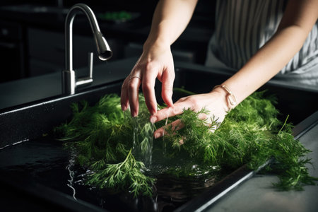 cropped shot of an unrecognizable woman washing herbs in the kitchen sinkの素材