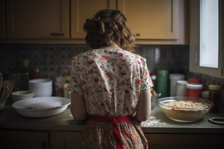 rear view of a woman with her hand on her hip while bakingの素材