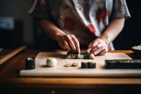 cropped shot of an unrecognizable woman sitting at a table and making sushiの素材