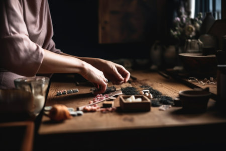 cropped shot of an unrecognizable woman sitting at a table and making sushiの素材