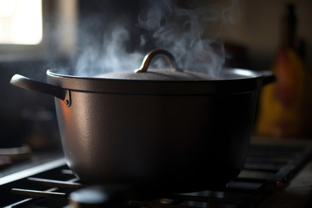 closeup shot of a pot on the stoveの素材