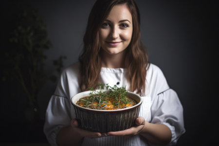 a young woman holding a bowl of freshly made lasagneの素材