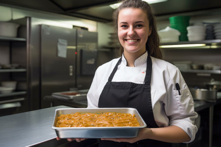 a young woman holding a bowl of freshly made lasagneの素材
