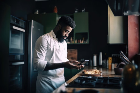 shot of a man using his cellphone while cookingの素材
