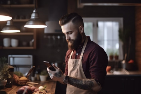 shot of a man using his cellphone while cookingの素材