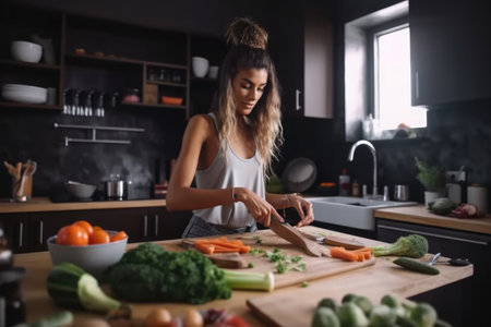 shot of an attractive young woman chopping up vegetables in the kitchenの素材
