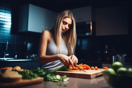 shot of an attractive young woman chopping up vegetables in the kitchenの素材