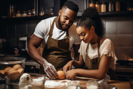 shot of a man teaching his girlfriend how to bakeの素材