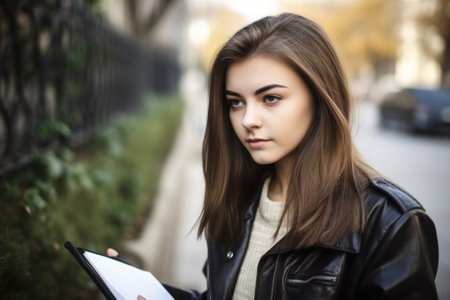 a young woman using her digital tablet to send a text messageの素材
