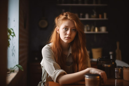 portrait of a young woman working in her kitchenの素材