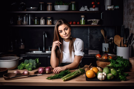 portrait of an attractive young woman preparing food in her kitchenの素材