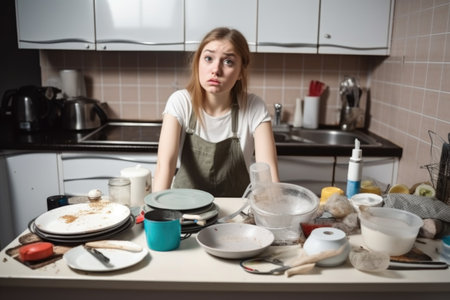 portrait of a frustrated young woman cleaning up after making a mess in the kitchenの素材