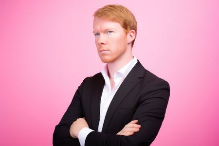 portrait, arms crossed and business man in studio isolated on a pink backgroundの素材