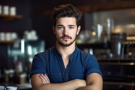 portrait of a young male barista working behind the counter in his coffee shopの素材