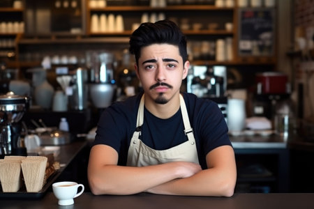 portrait of a young male barista working behind the counter in his coffee shopの素材