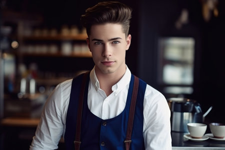 cropped portrait of a handsome young male barista working in his cafeの素材