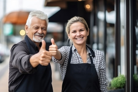 thumbs up, marketing and woman with a business owner for advertising outdoorの素材