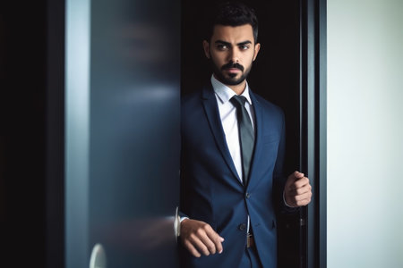 portrait of a young businessman holding open the door to his officeの素材
