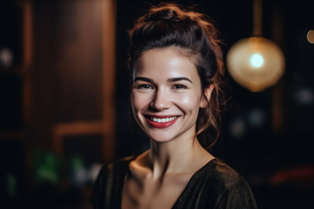 happy woman, face portrait and smile with success in small business after growth or profitの素材