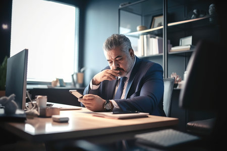 shot of an unidentifiable business owner using his cellphone while sitting at his deskの素材